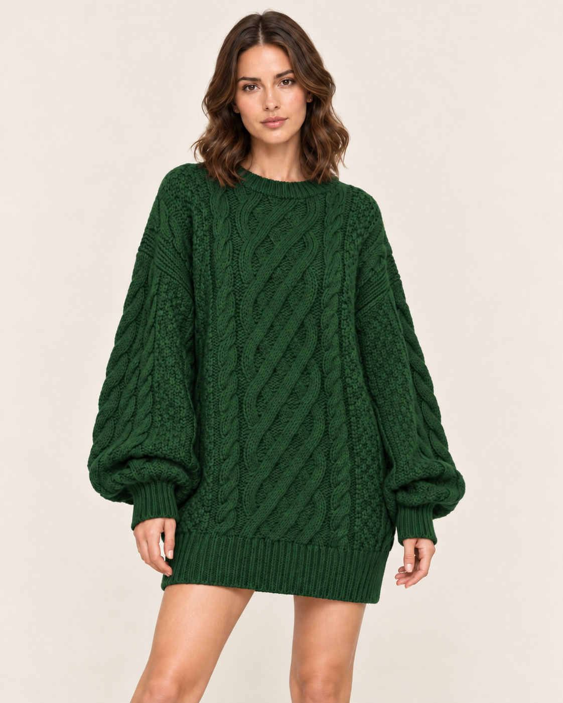 Women's Cable Knit Oversized Jumper Dress with Puff Sleeves