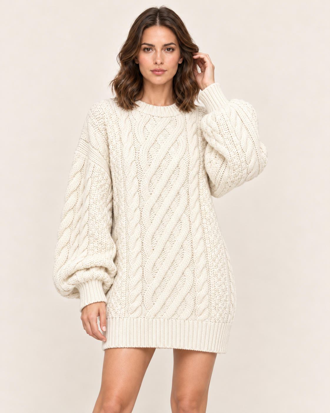 Women's Cable Knit Oversized Jumper Dress with Puff Sleeves