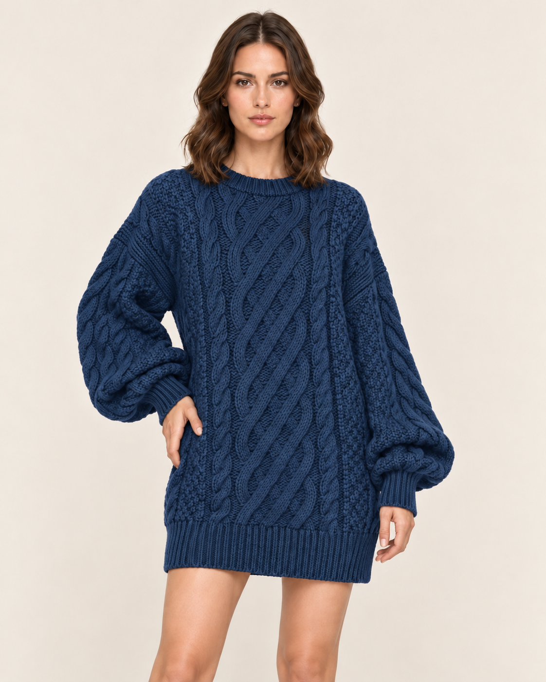 Women's Cable Knit Oversized Jumper Dress with Puff Sleeves