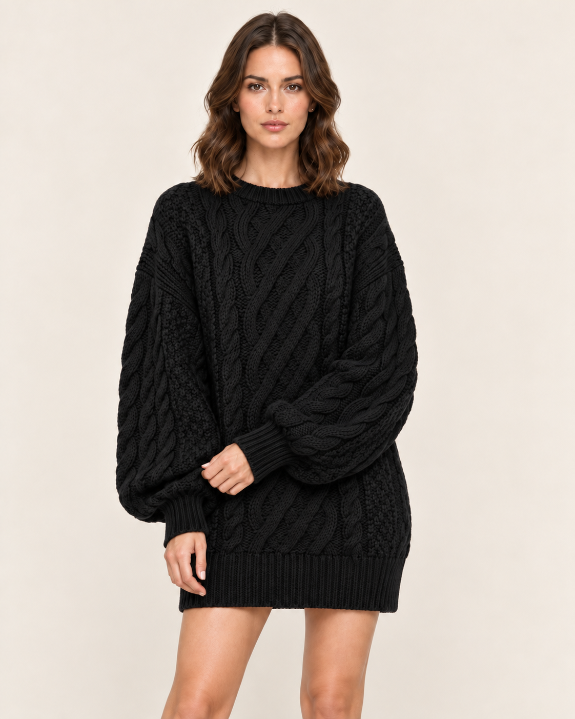 Women's Cable Knit Oversized Jumper Dress with Puff Sleeves
