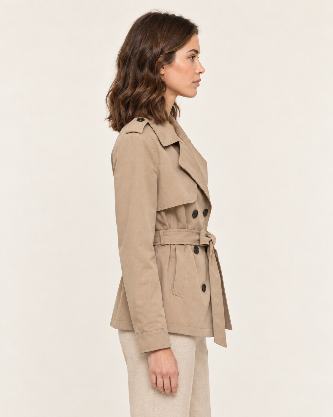 Women's Short Double Breasted Belted Trench Coat in Khaki, side view