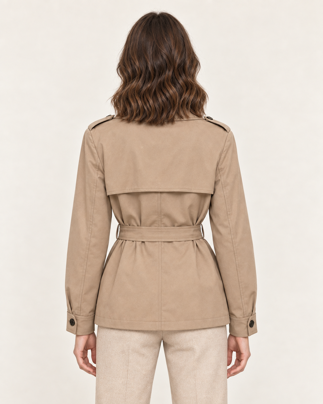 Women's Short Double Breasted Belted Trench Coat in Khaki, back view