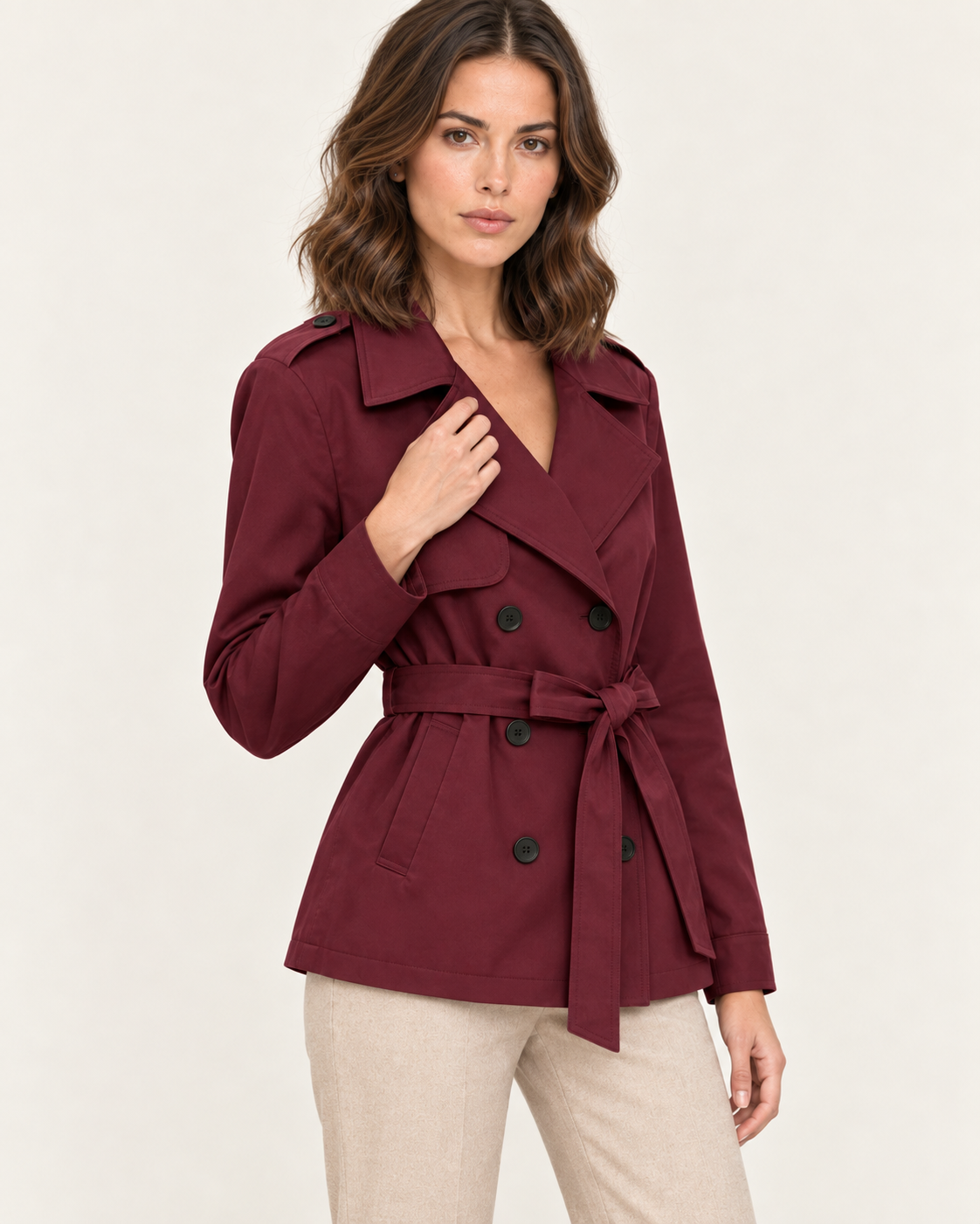 Women's Short Double Breasted Belted Trench Coat in Burgundy