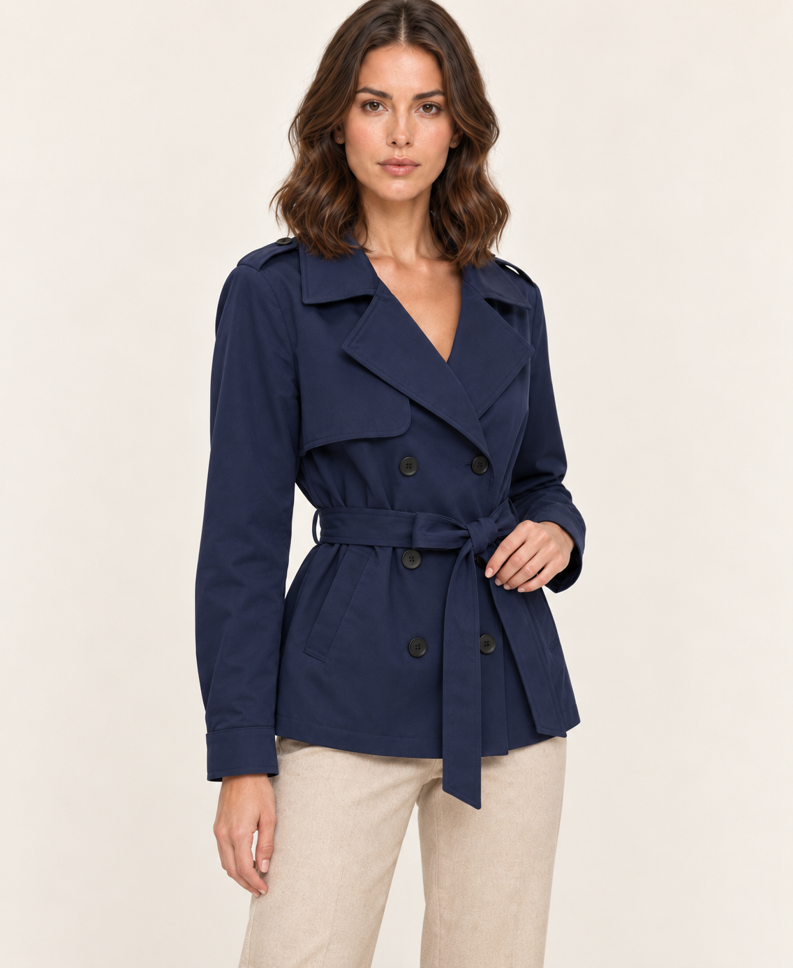 Women's Short Double Breasted Belted Trench Coat in Navy