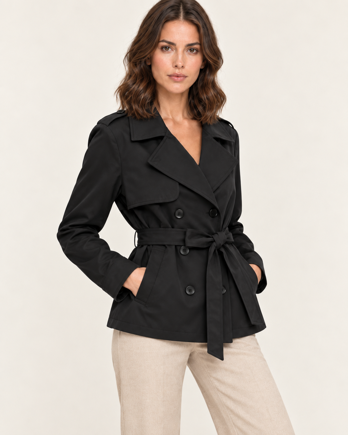 Women's Short Double Breasted Belted Trench Coat in Black