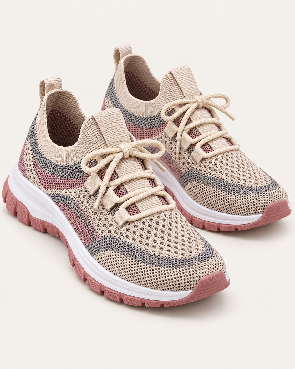Women's Chunky Trainers with Mesh Knit Upper and Thick Sole in Khaki / Pink