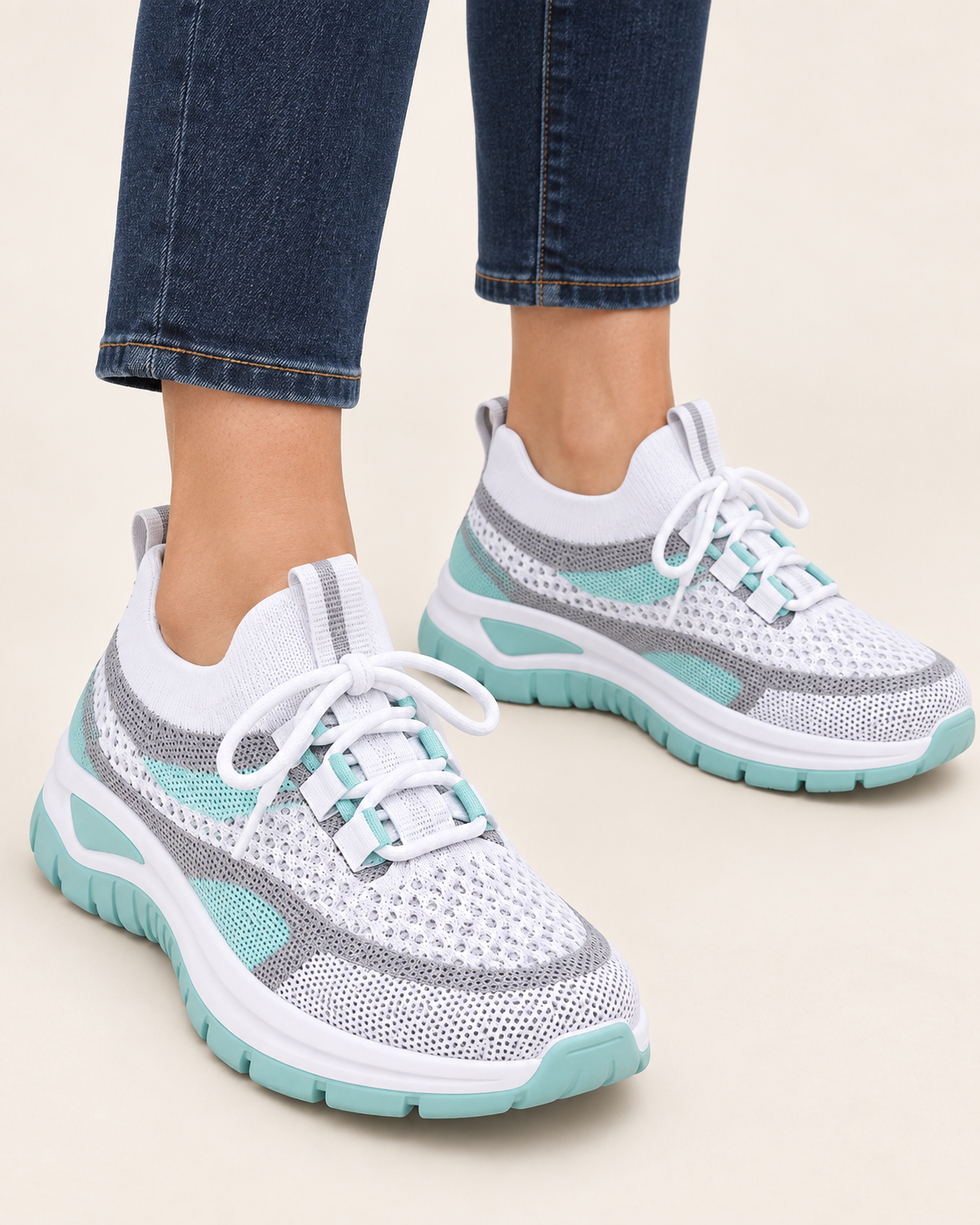 Women's Chunky Trainers with Mesh Knit Upper and Thick Sole in Turquoise