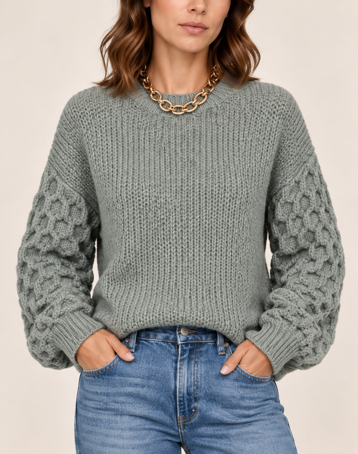 Women's Chunky Knit Jumper with Honeycomb Sleeves in Sage Grey, close up