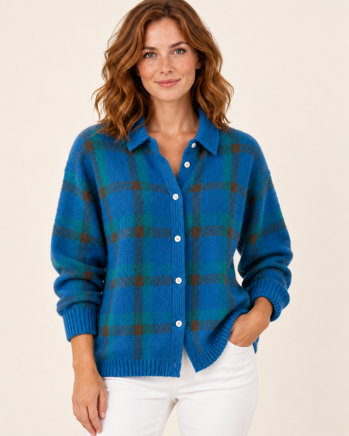 Women's Check Knit Cardigan With Shirt Collar