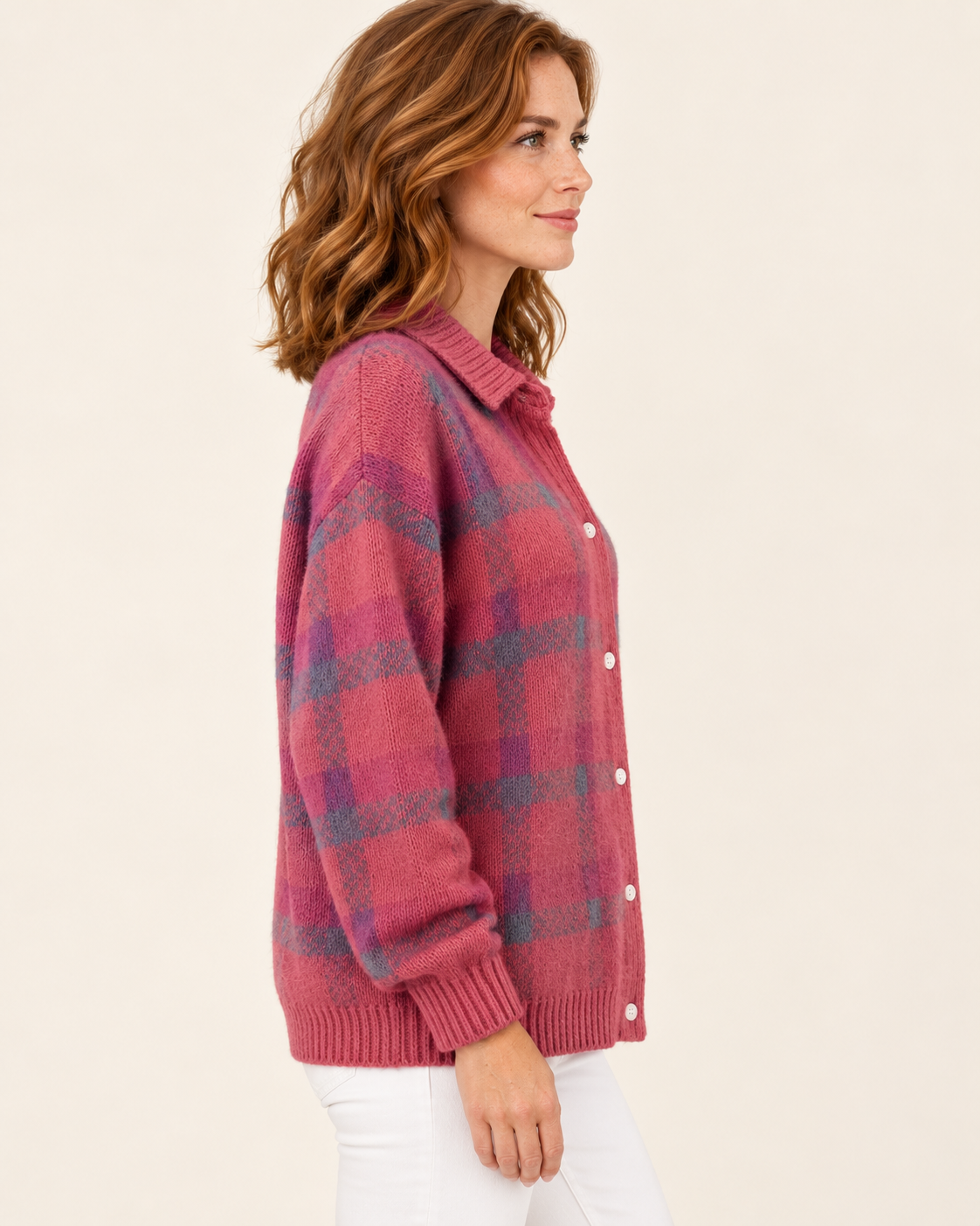Women's Check Knit Cardigan With Shirt Collar