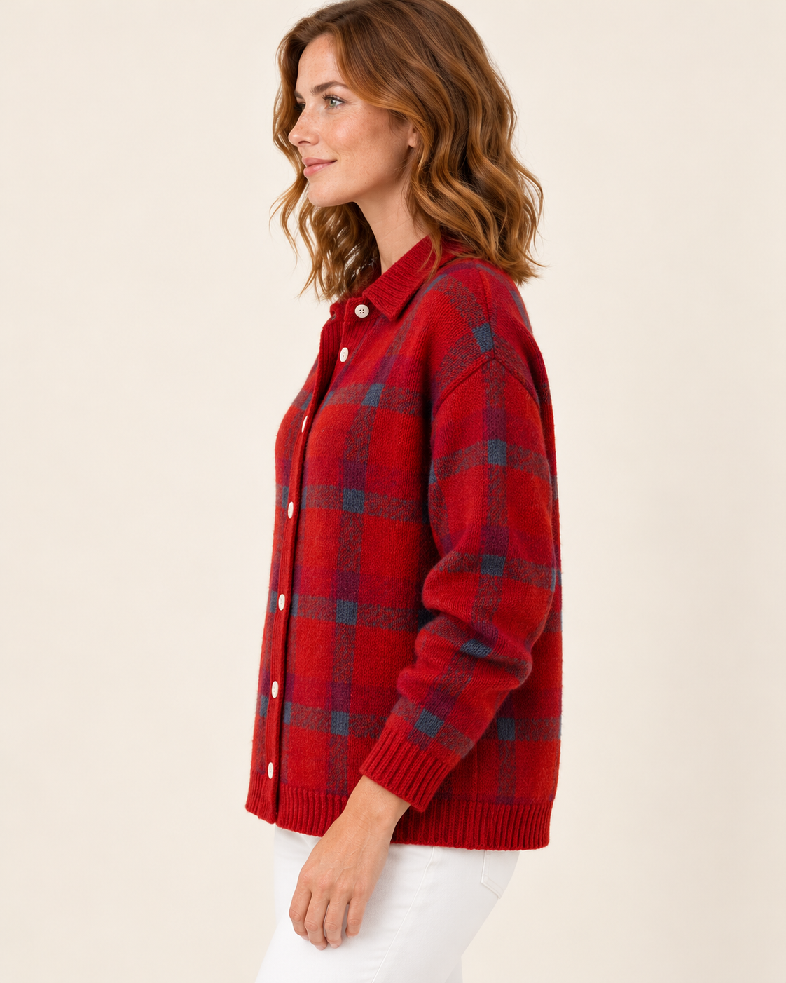 Women's Check Knit Cardigan With Shirt Collar