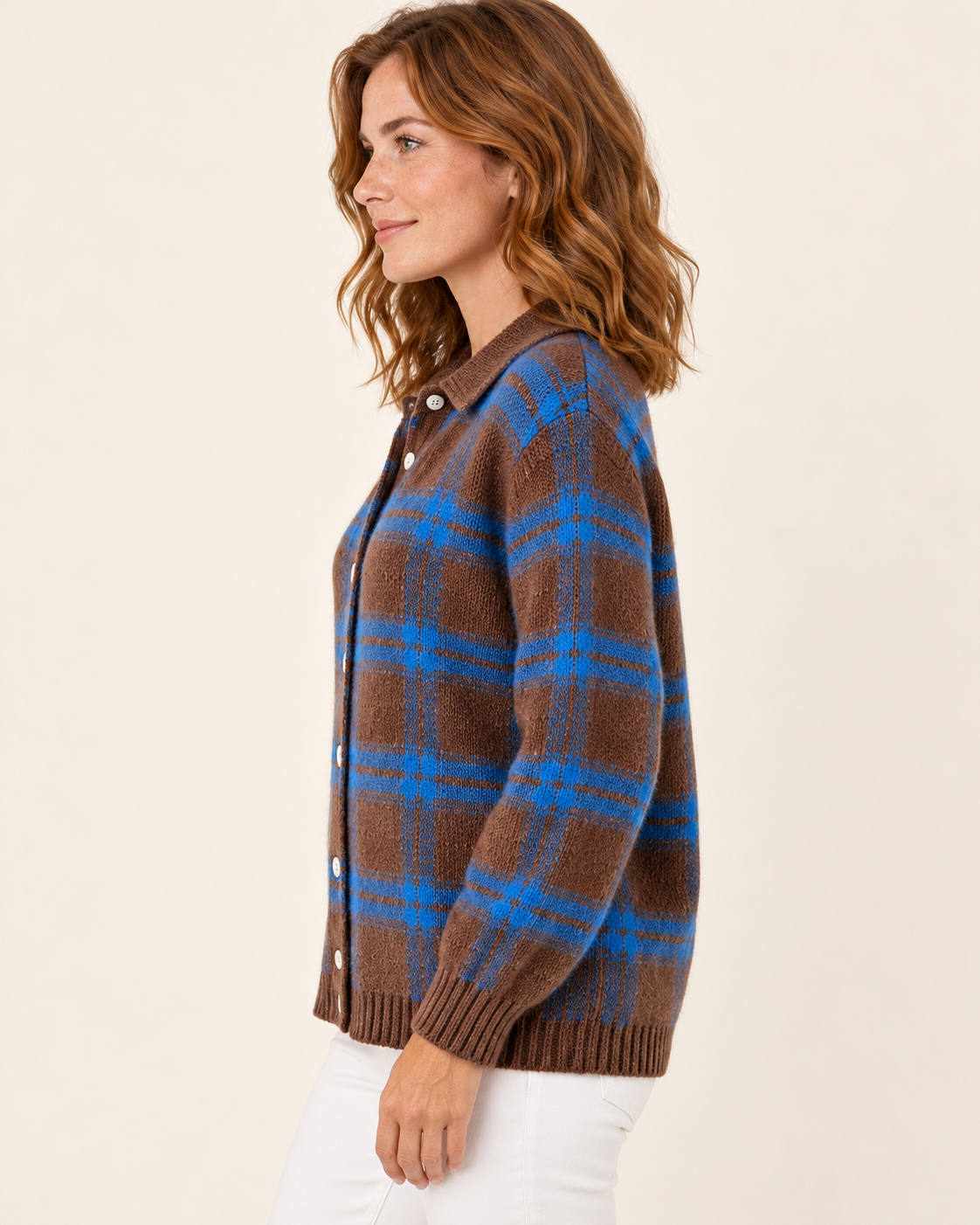 Women's Check Knit Cardigan With Shirt Collar