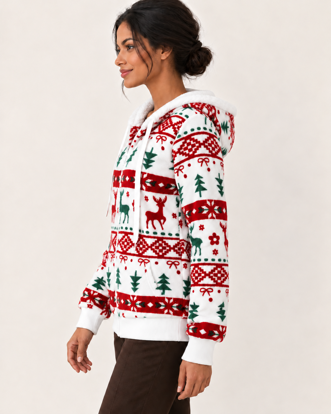 Women's Christmas Fleece Zip Up Hoodie in Red And White