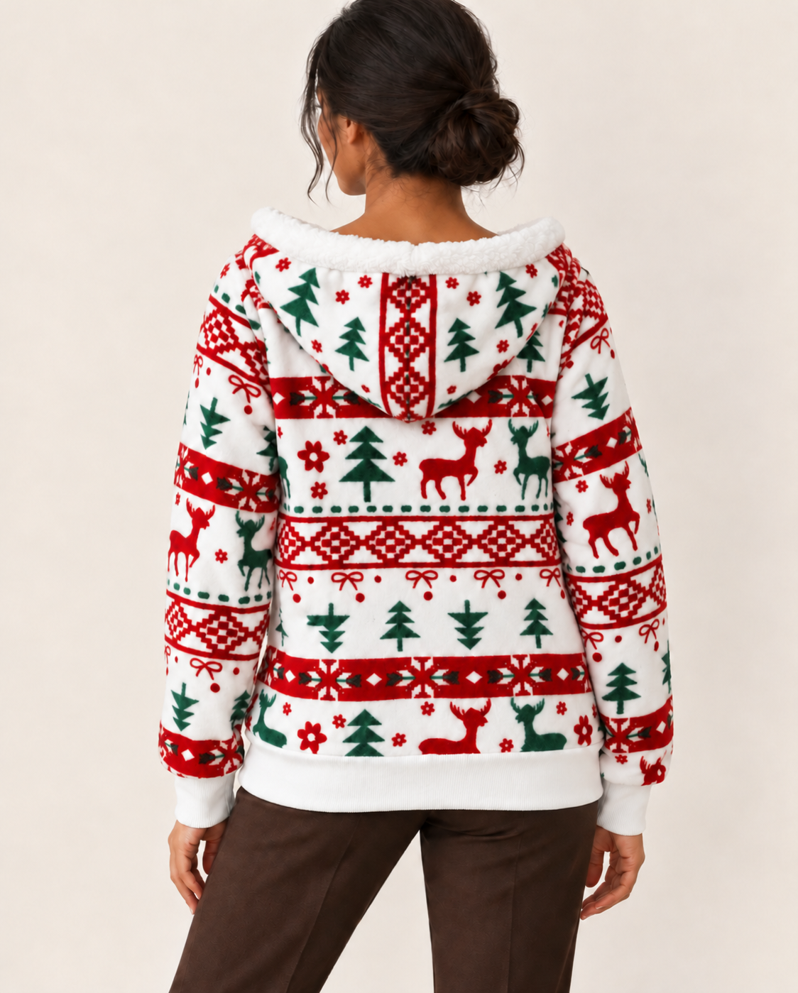 Women's Christmas Fleece Zip Up Hoodie in Red And White