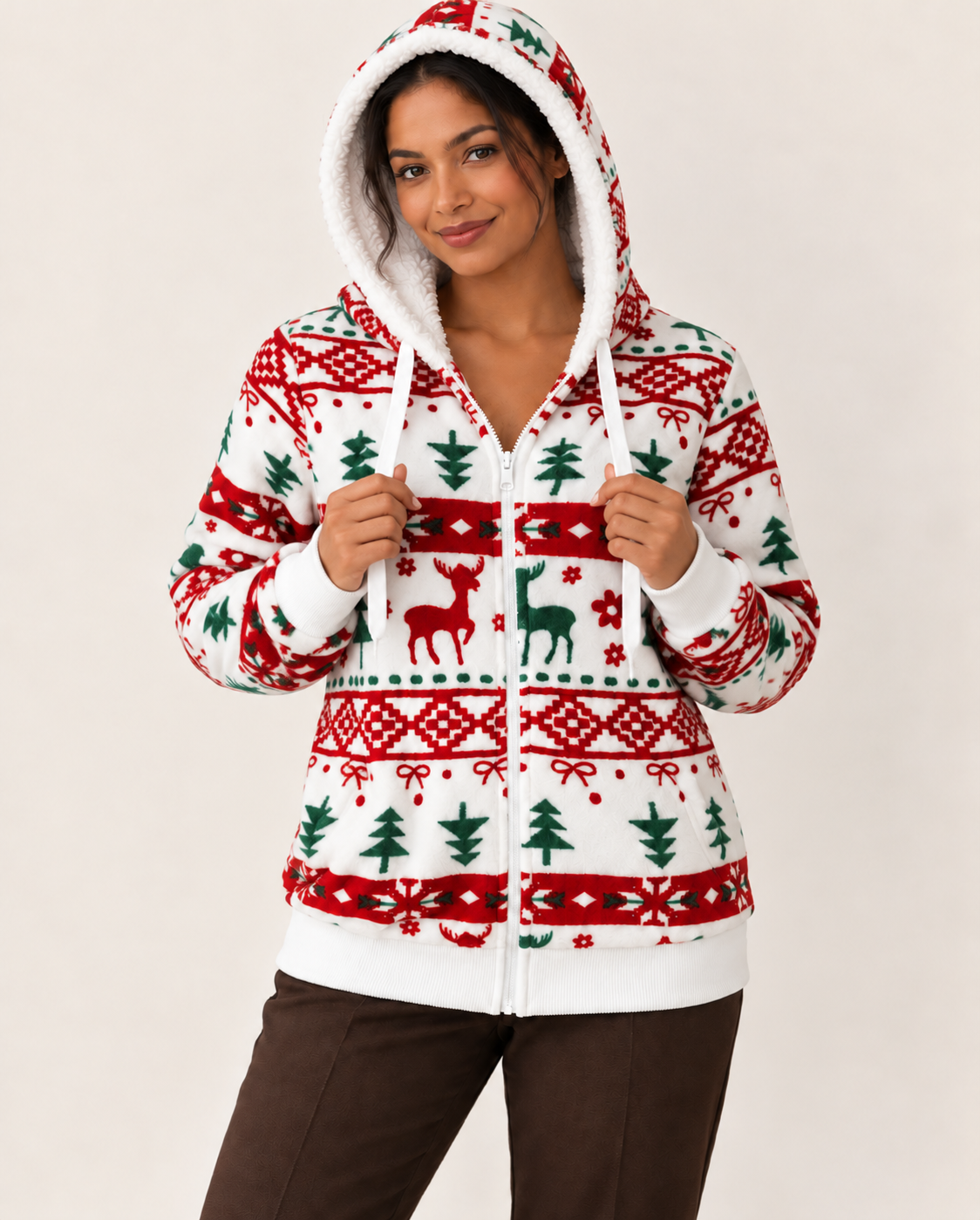 Women's Christmas Fleece Zip Up Hoodie in Red And White