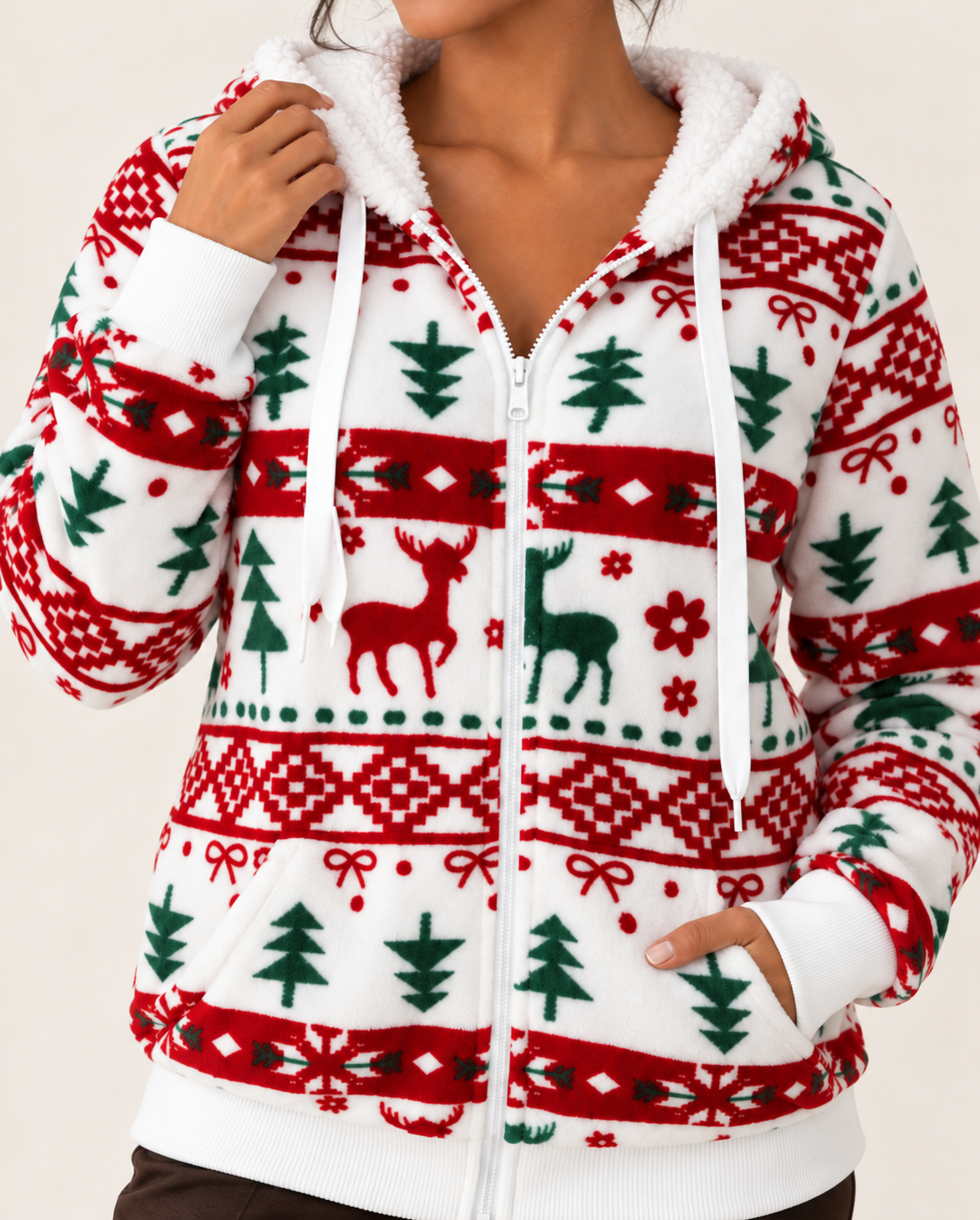 Women's Christmas Fleece Zip Up Hoodie in Red And White