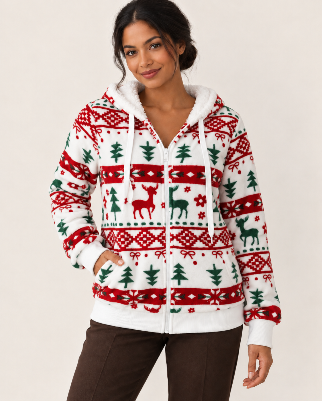 Women's Christmas Fleece Zip Up Hoodie in Red And White