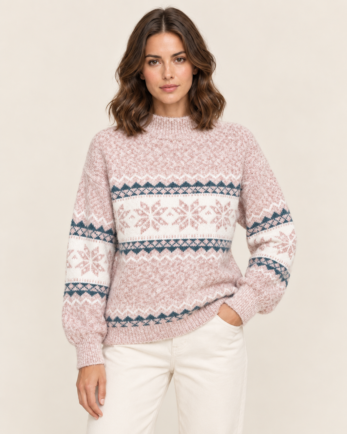 Women's Christmas Jumper with Snowflake Fair Isle Pattern in Pink