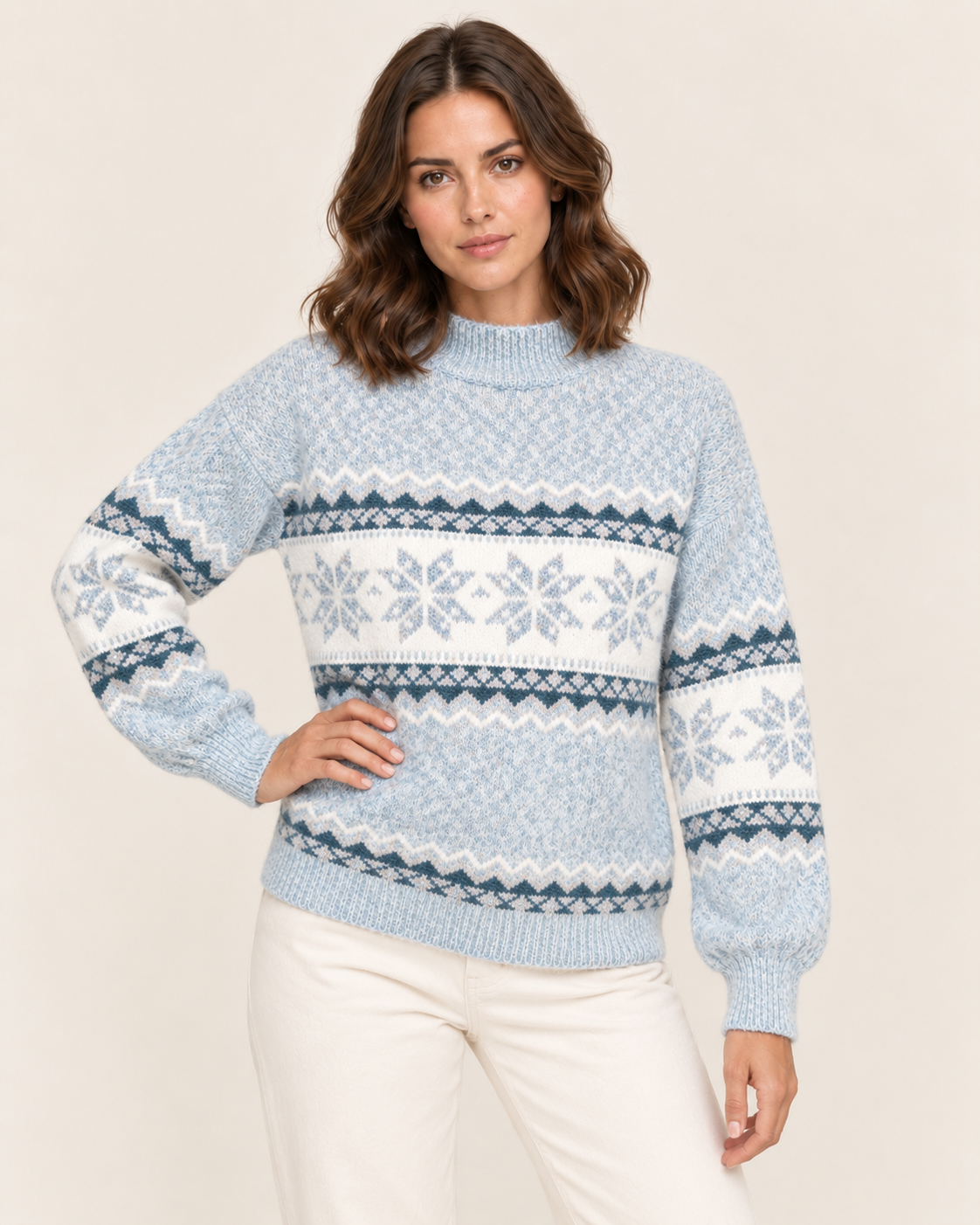 Women's Christmas Jumper with Snowflake Fair Isle Pattern in Light Blue