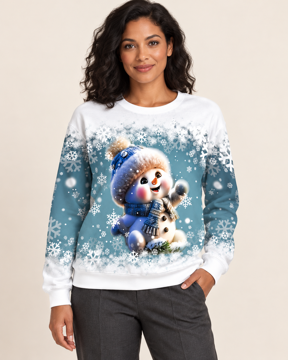 Women's Christmas Print Crew Neck Sweatshirt in Snowman With Scarf