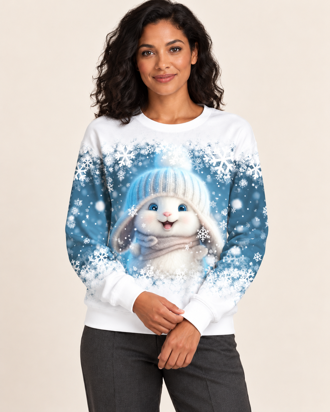 Women's Christmas Print Crew Neck Sweatshirt in Blue Bunny