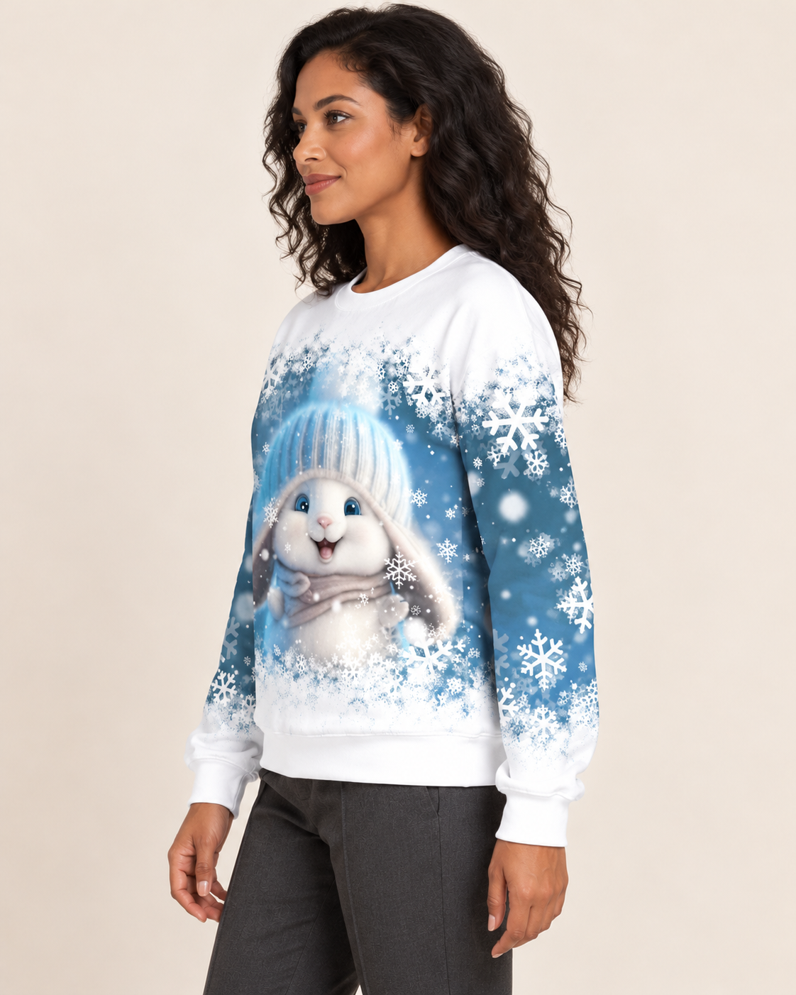 Women's Christmas Print Crew Neck Sweatshirt in Blue Bunny