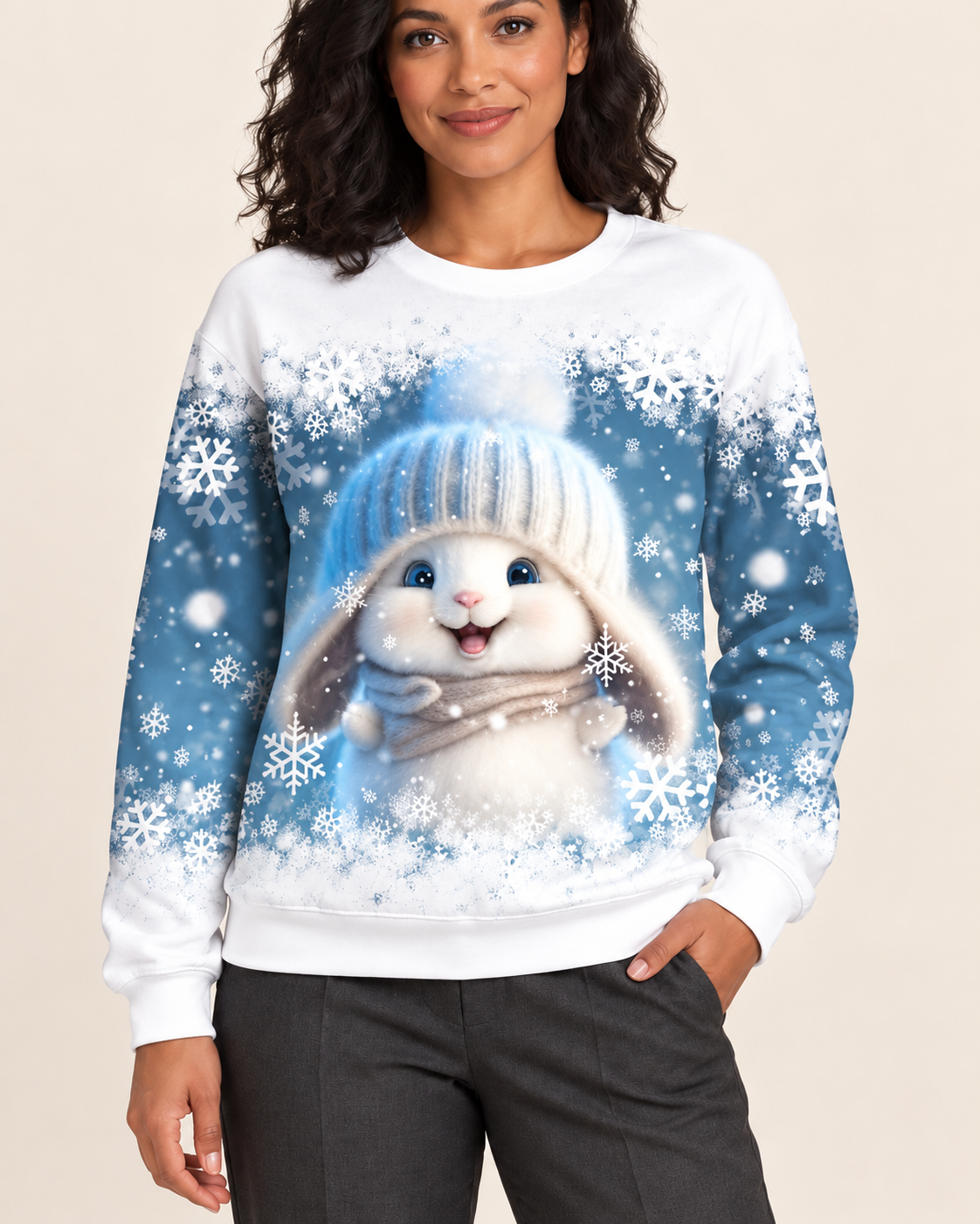 Women's Christmas Print Crew Neck Sweatshirt in Blue Bunny