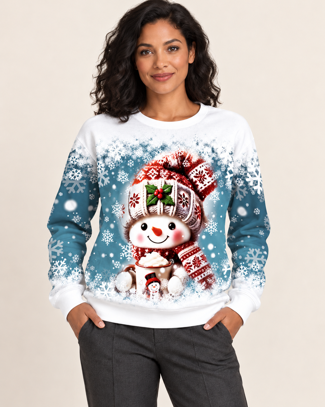 Women's Christmas Print Crew Neck Sweatshirt in Red Hat Snowman