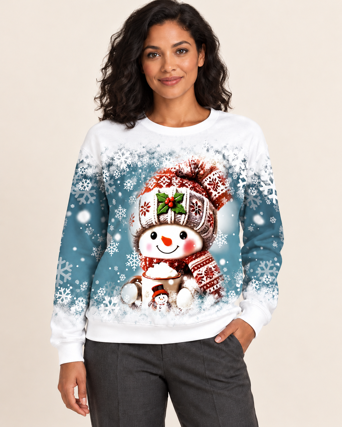 Women's Christmas Print Crew Neck Sweatshirt in Red Hat Snowman