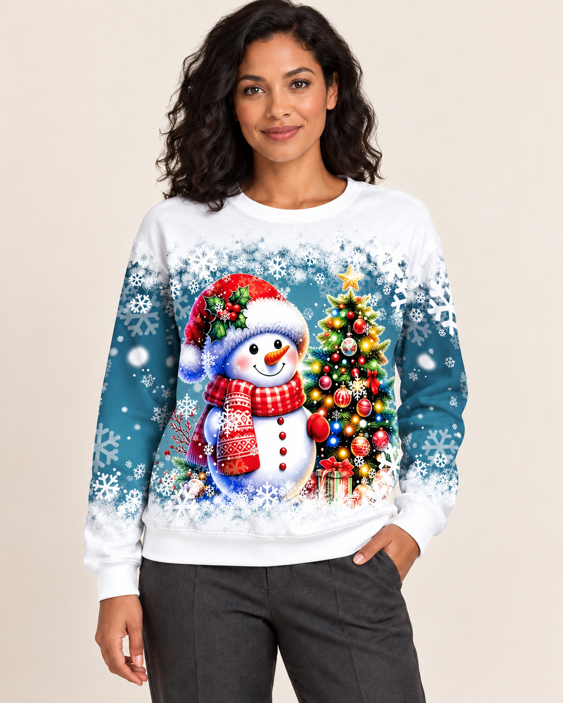 Women's Christmas Print Crew Neck Sweatshirt in Snowman With Tree