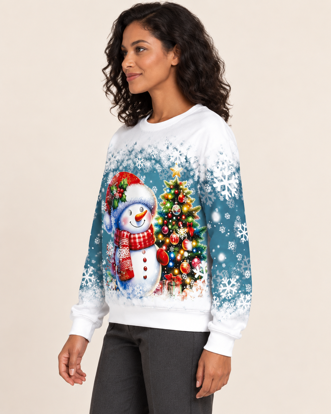 Women's Christmas Print Crew Neck Sweatshirt in Snowman With Tree