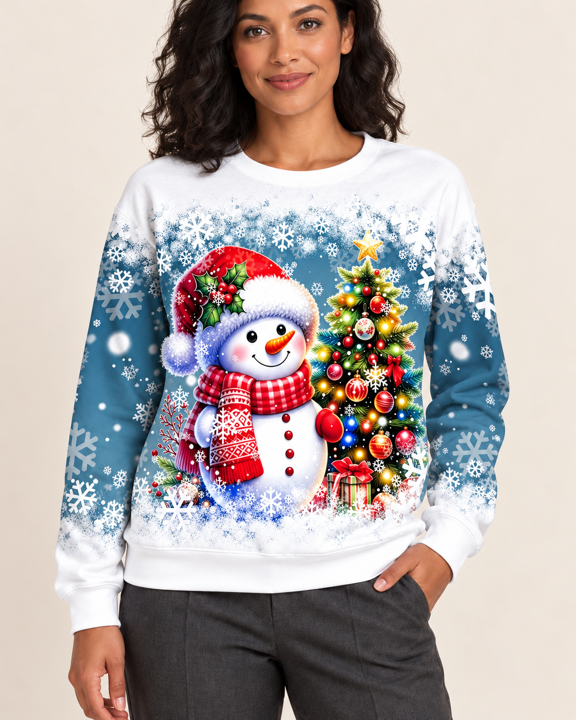 Women's Christmas Print Crew Neck Sweatshirt in Snowman With Tree