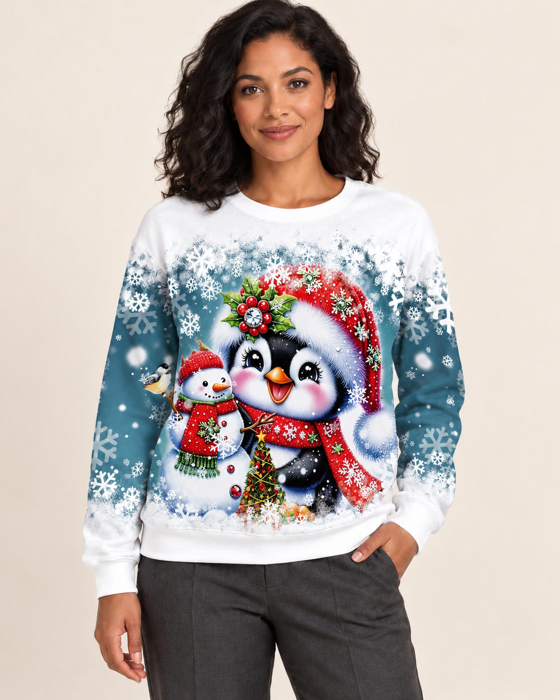 Women's Christmas Print Crew Neck Sweatshirt in Penguin