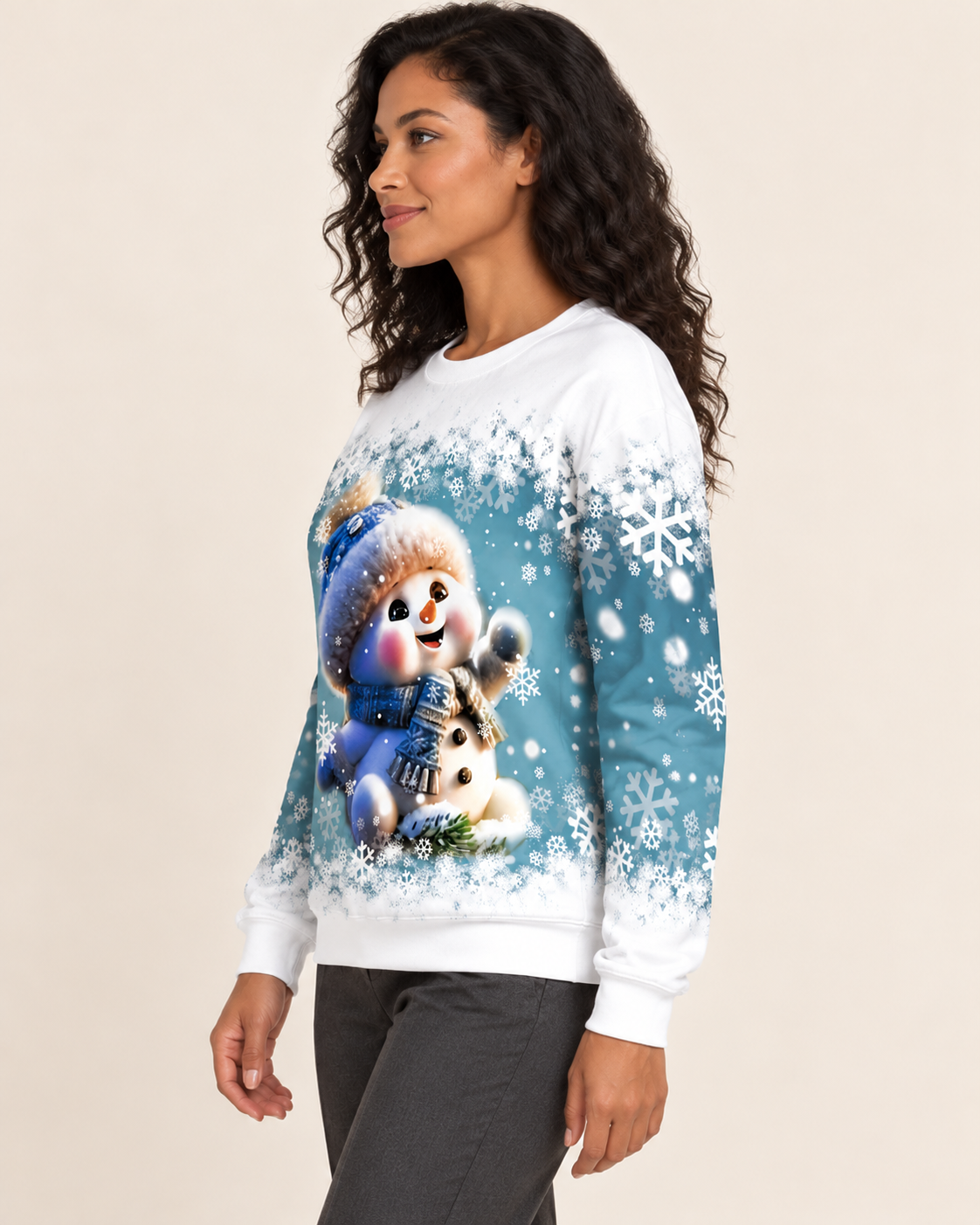 Women's Christmas Print Crew Neck Sweatshirt in Snowman With Scarf