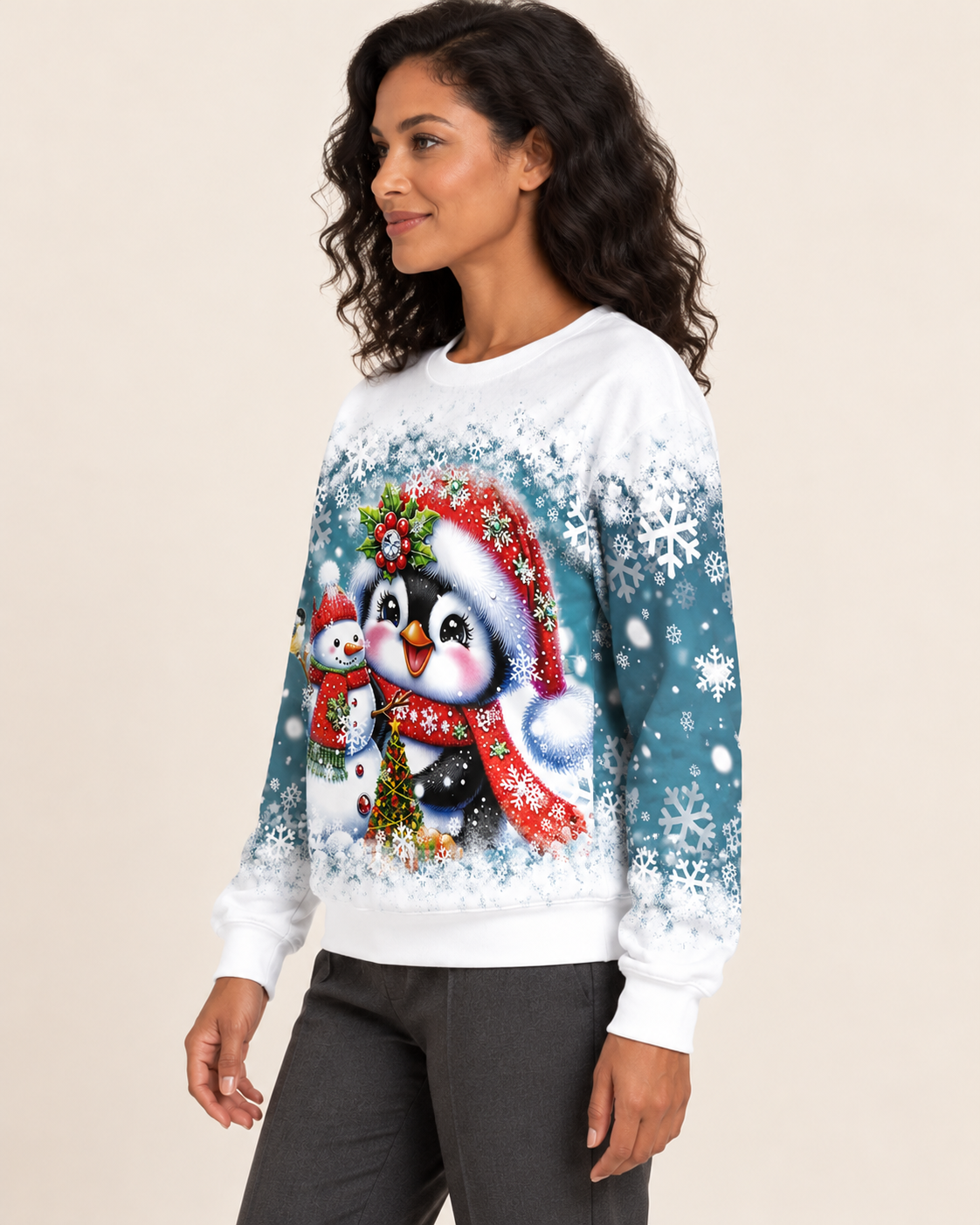 Women's Christmas Print Crew Neck Sweatshirt in Penguin