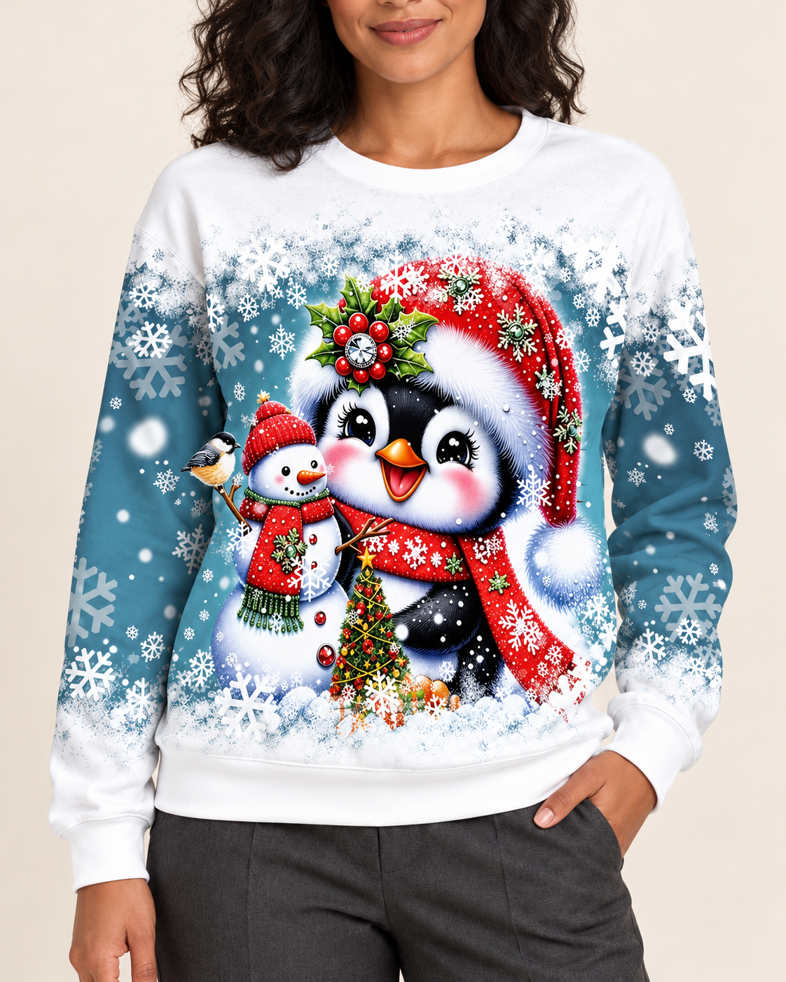 Women's Christmas Print Crew Neck Sweatshirt in Penguin