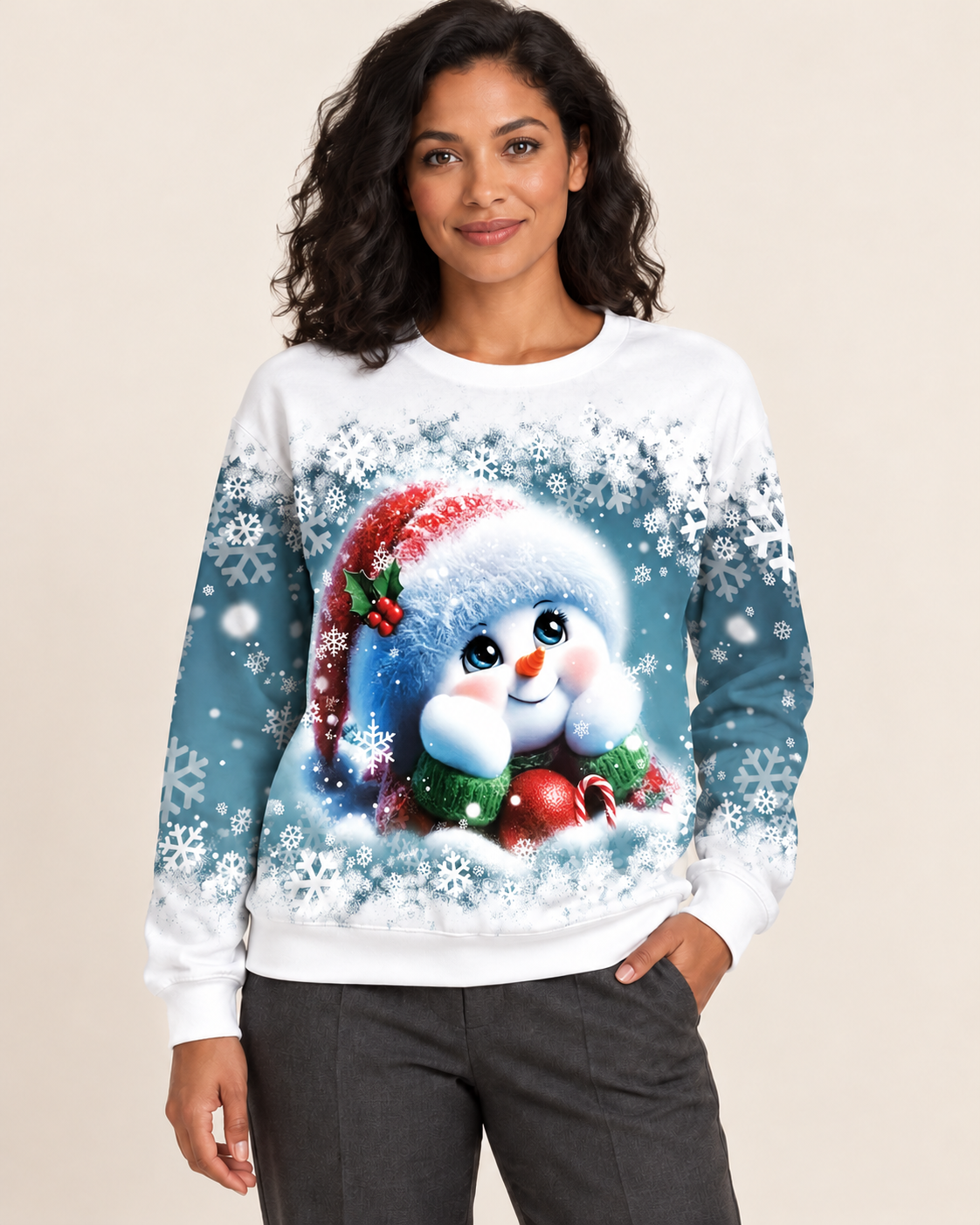 Women's Christmas Print Crew Neck Sweatshirt in Peeking Snowman