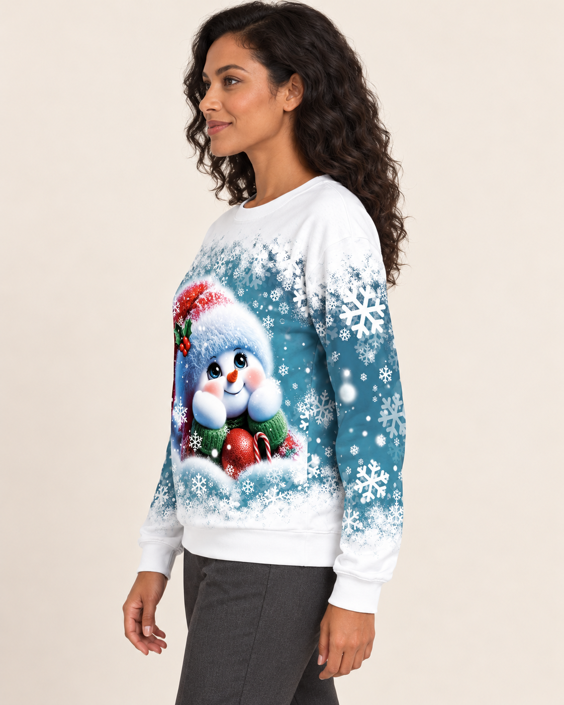 Women's Christmas Print Crew Neck Sweatshirt in Peeking Snowman