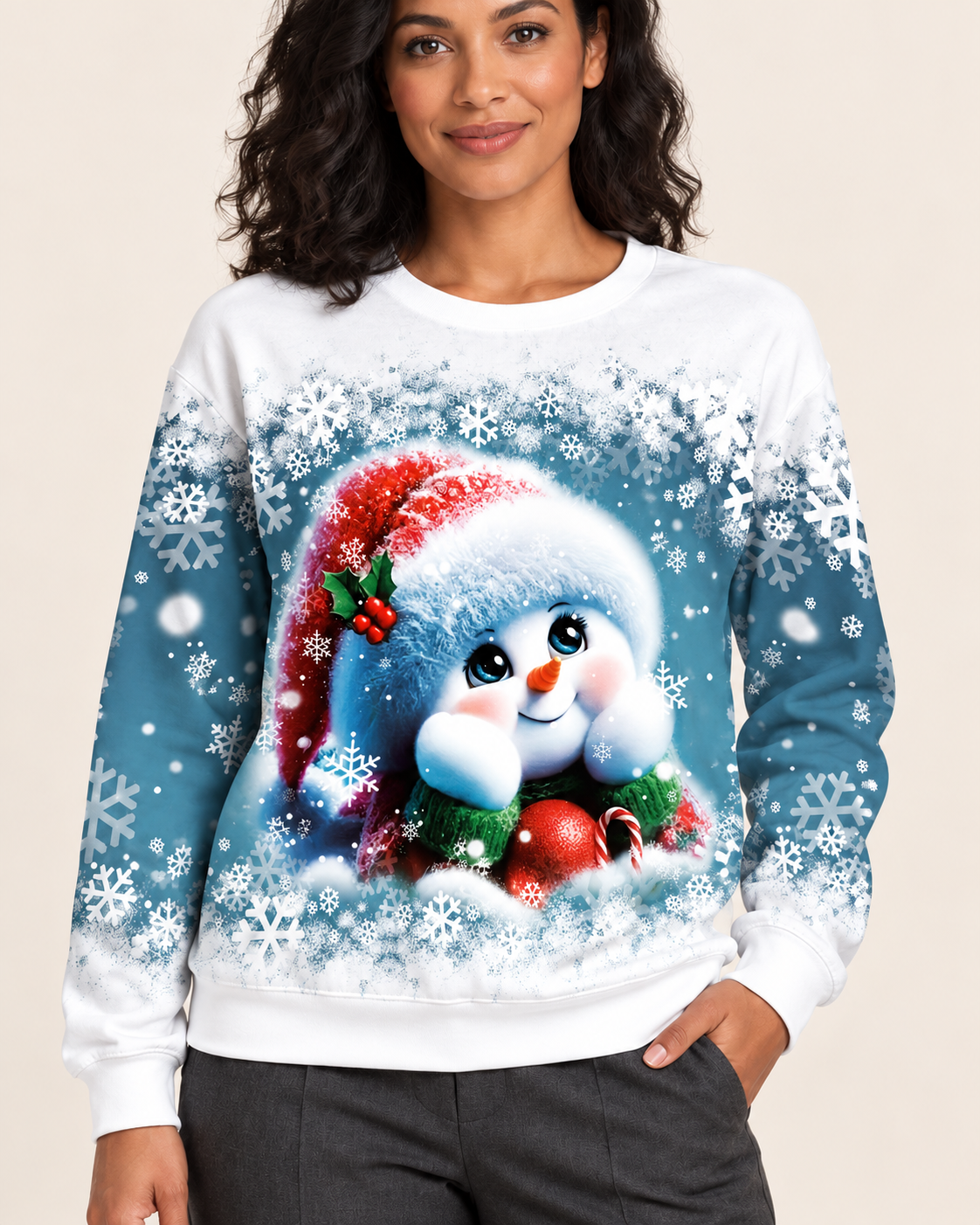 Women's Christmas Print Crew Neck Sweatshirt in Peeking Snowman