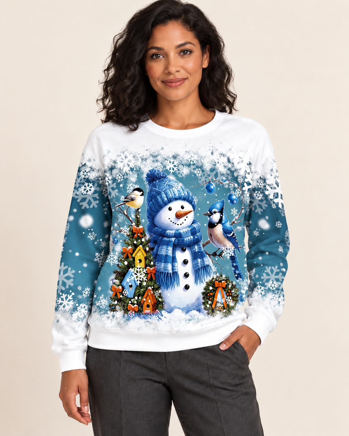 Women's Christmas Print Crew Neck Sweatshirt in Bluebird Snowman