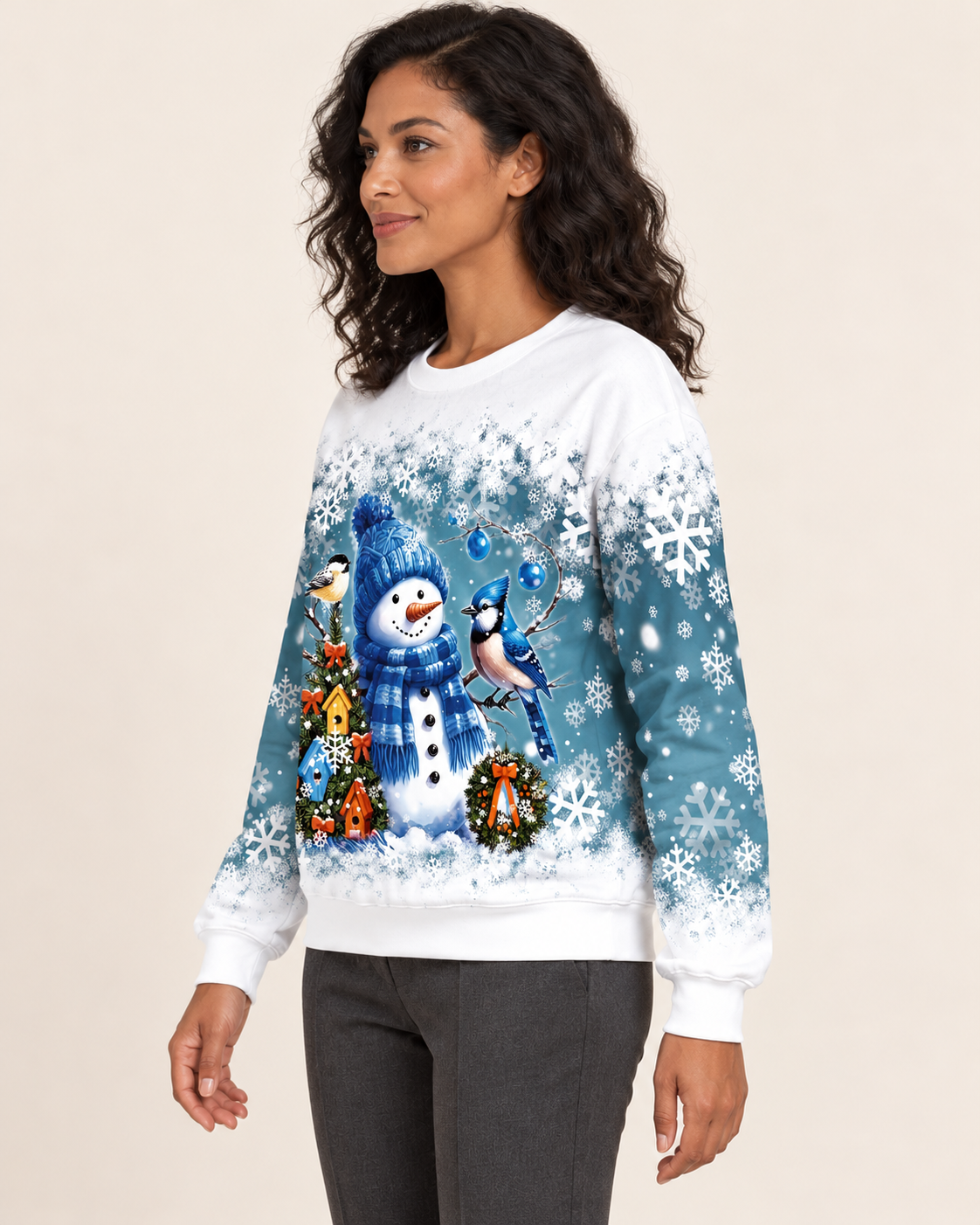 Women's Christmas Print Crew Neck Sweatshirt in Bluebird Snowman