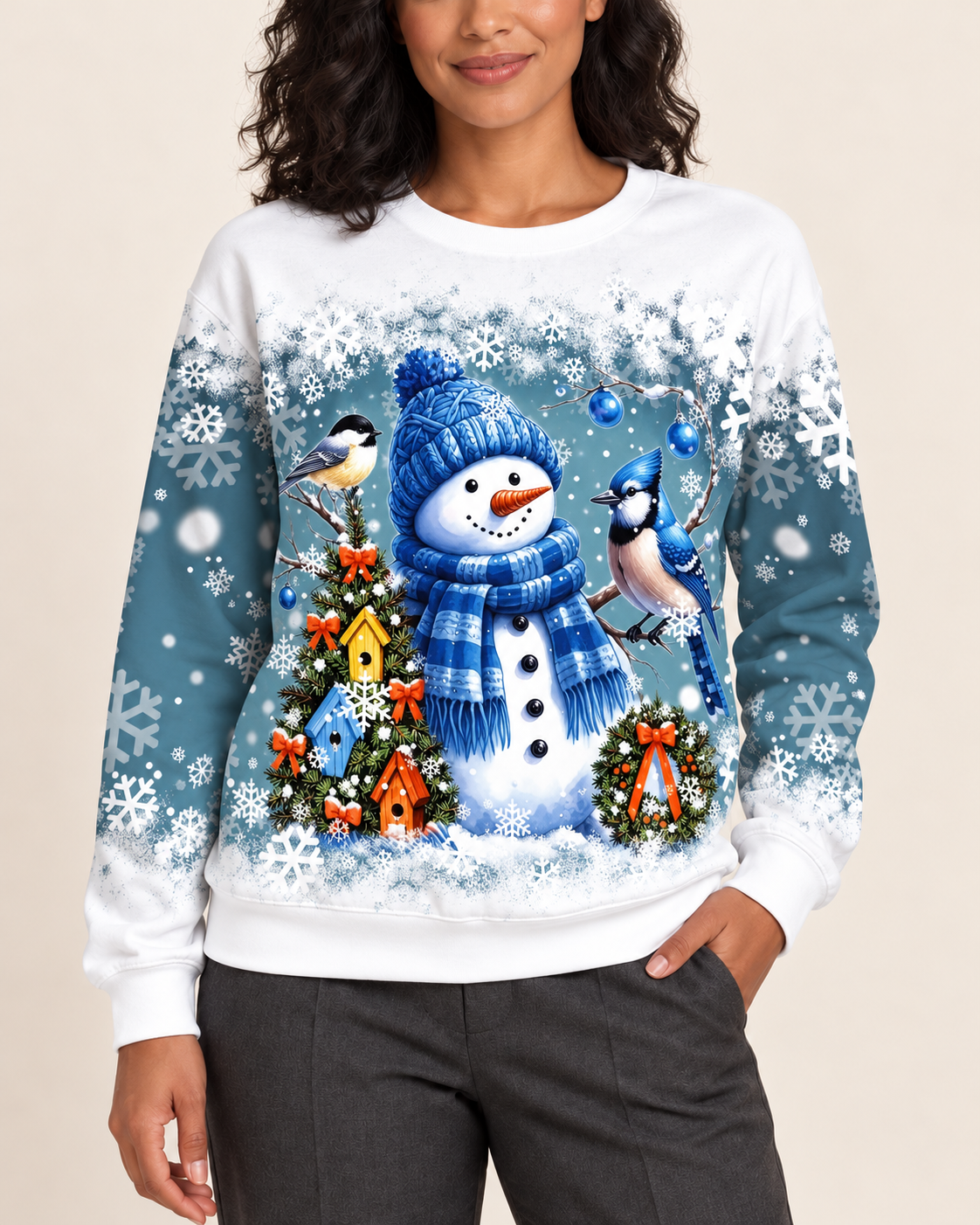 Women's Christmas Print Crew Neck Sweatshirt in Bluebird Snowman