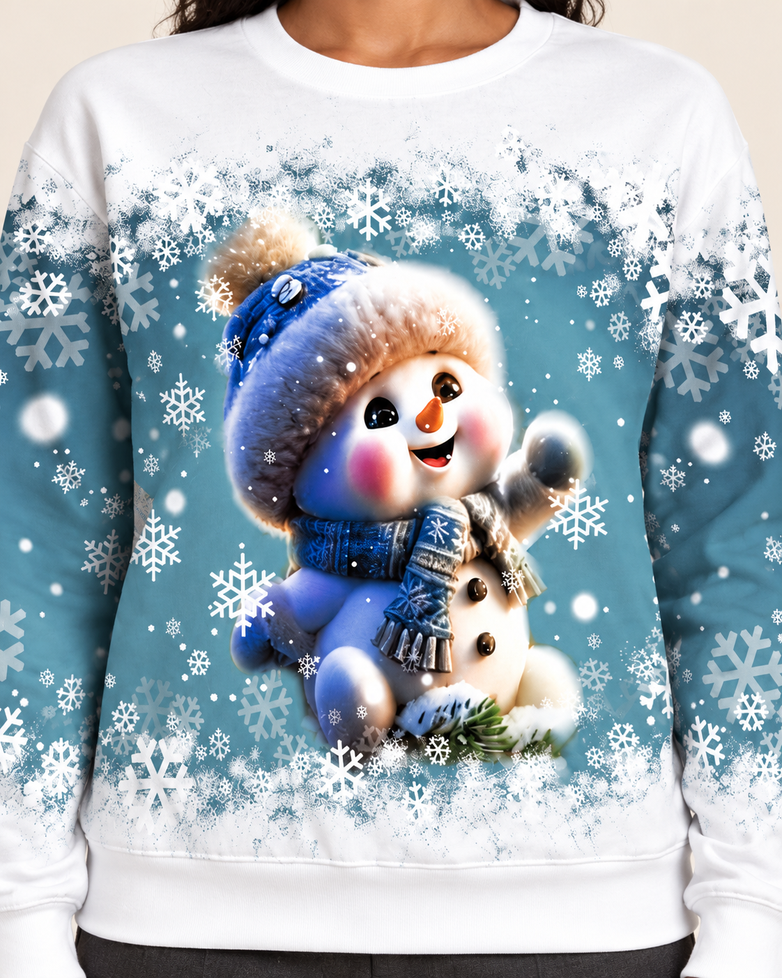 Women's Christmas Print Crew Neck Sweatshirt in Snowman With Scarf