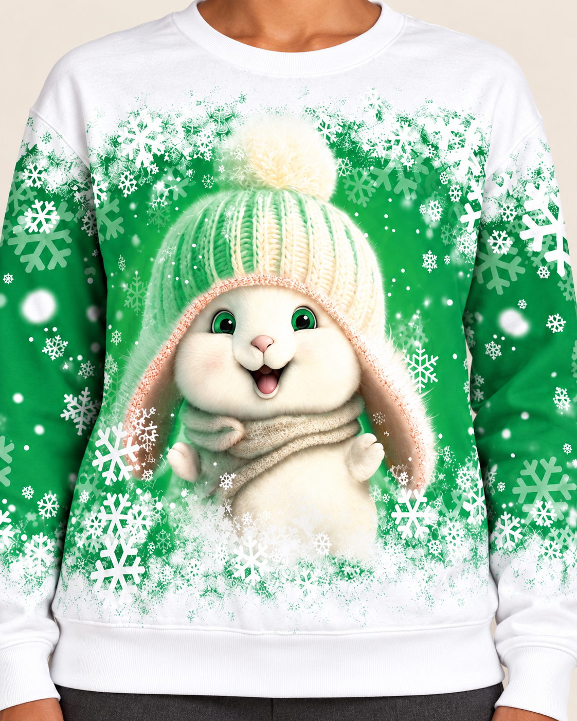 Women's Christmas Print Crew Neck Sweatshirt in Green Bunny