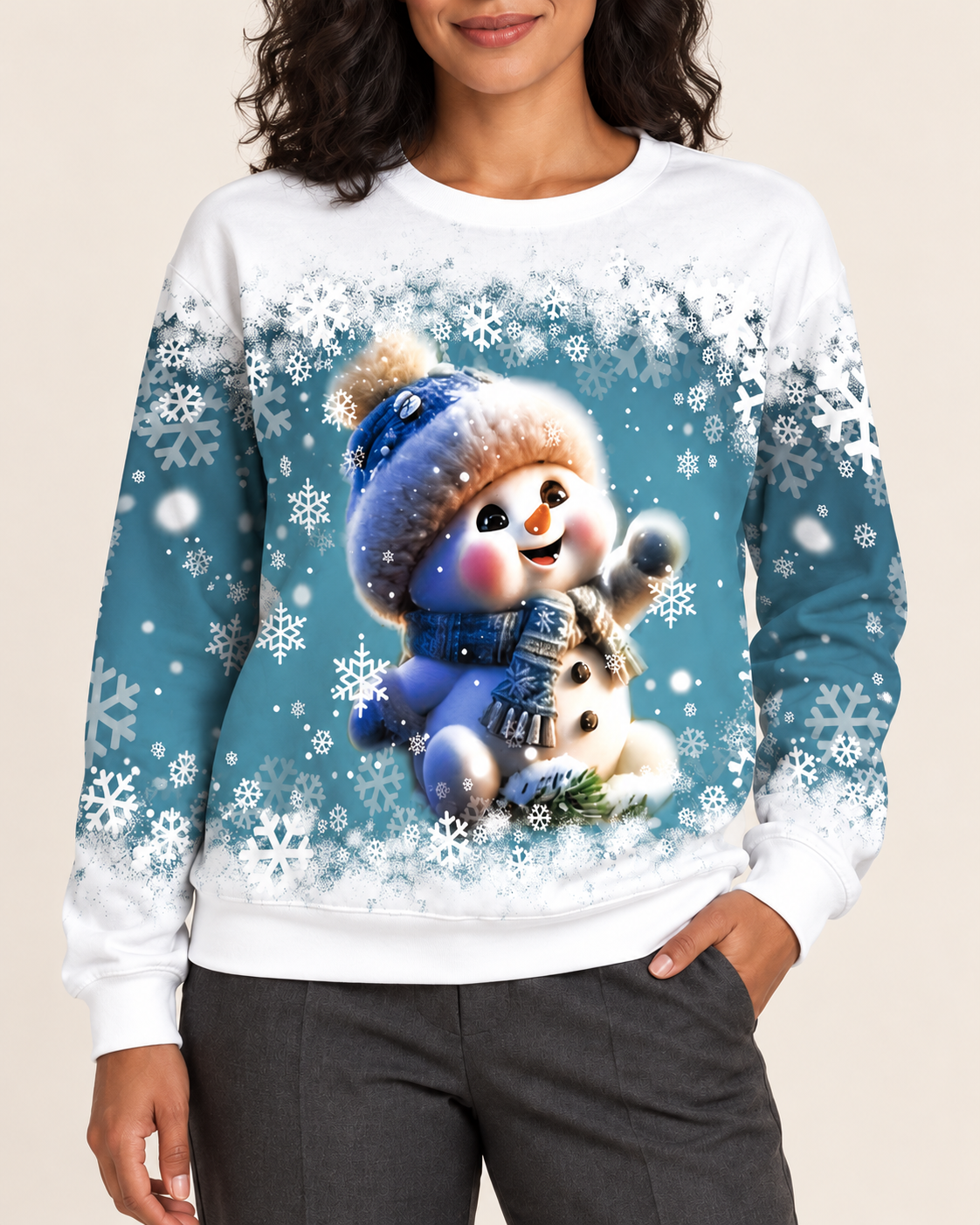 Women's Christmas Print Crew Neck Sweatshirt in Snowman With Scarf