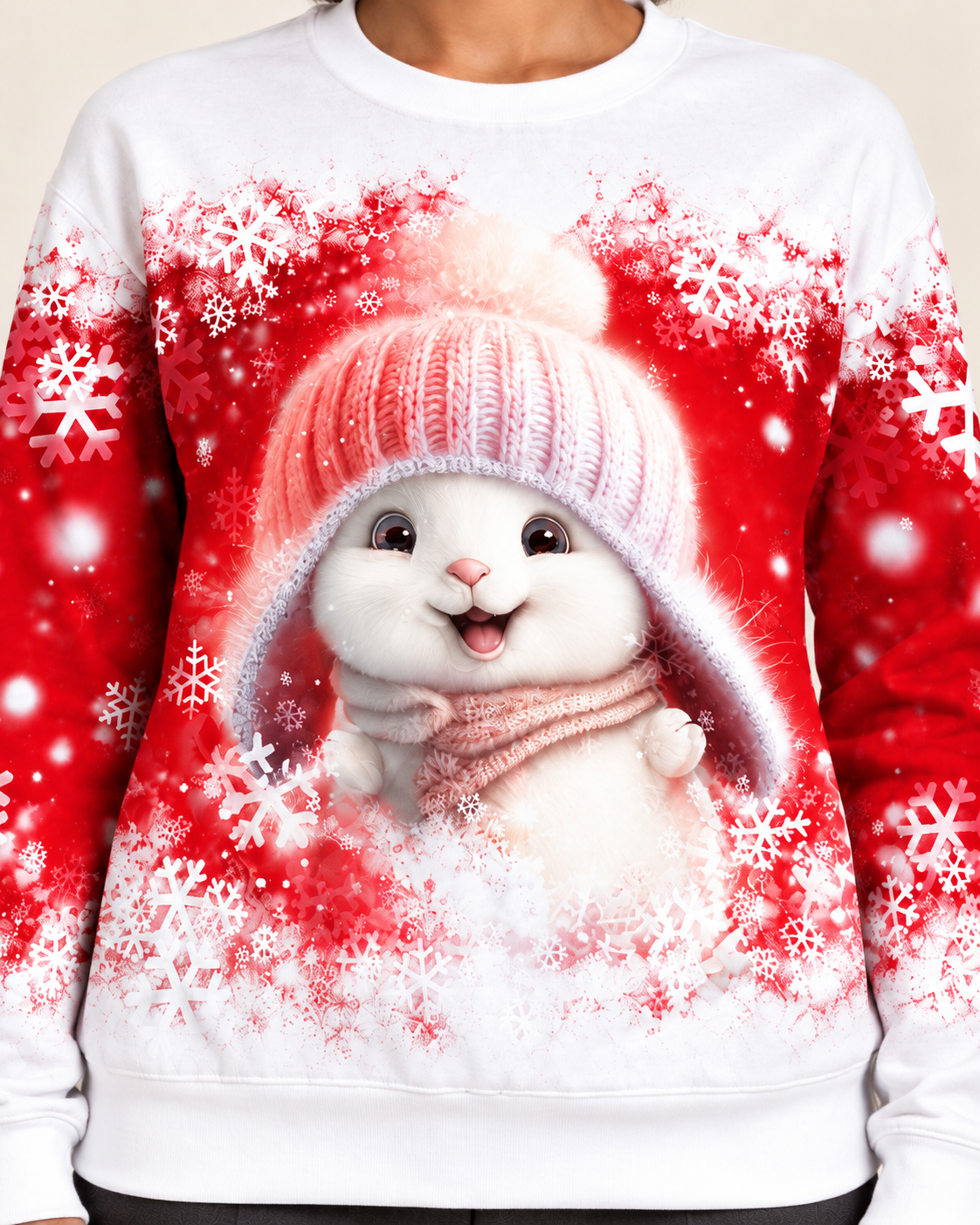 Women's Christmas Print Crew Neck Sweatshirt in Red Bunny