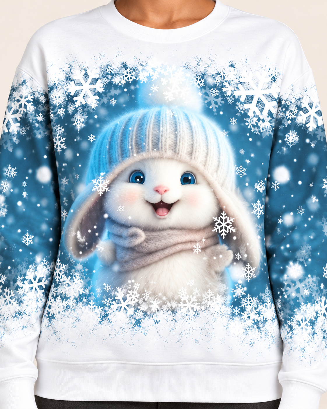 Women's Christmas Print Crew Neck Sweatshirt in Blue Bunny