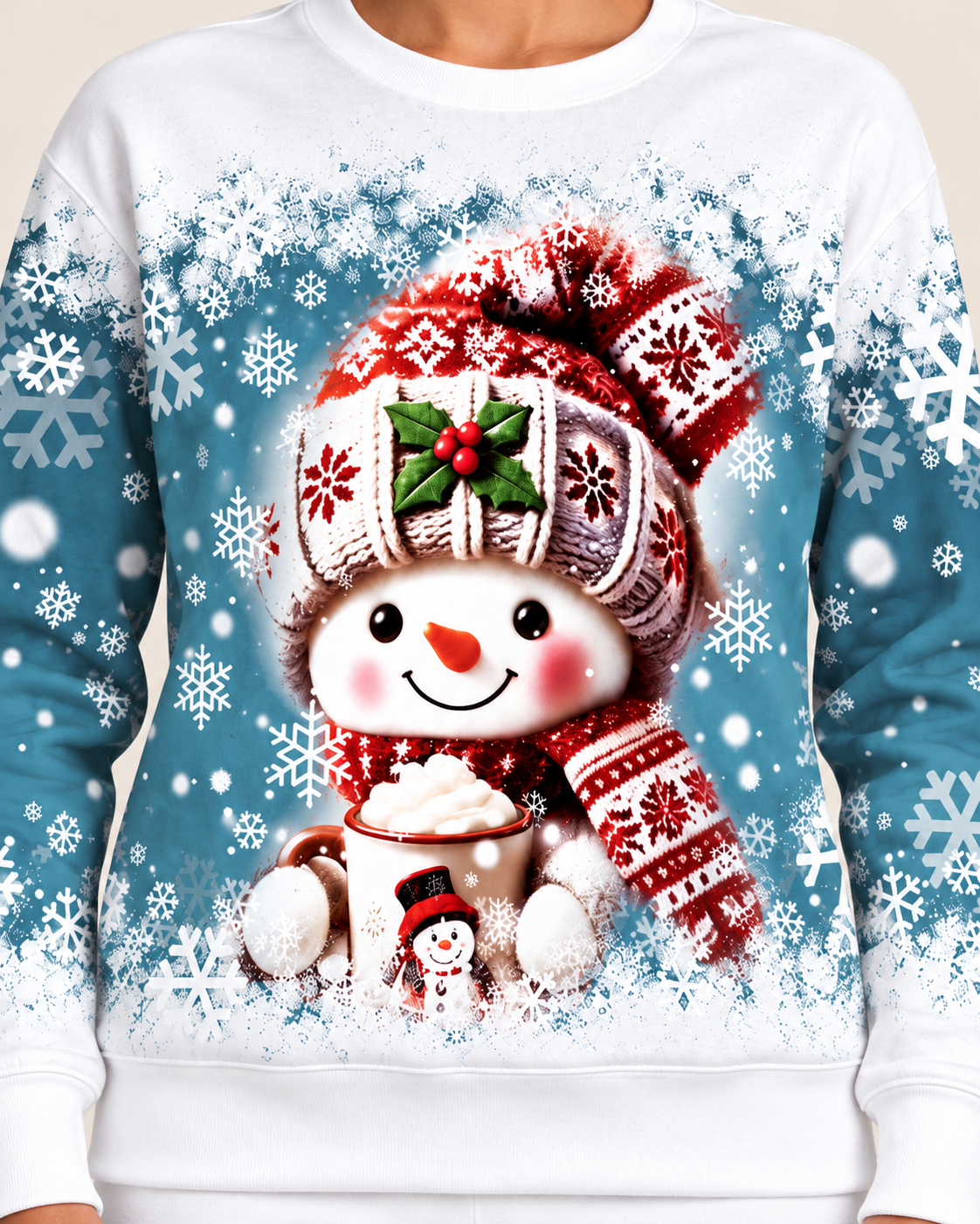 Women's Christmas Print Crew Neck Sweatshirt in Red Hat Snowman