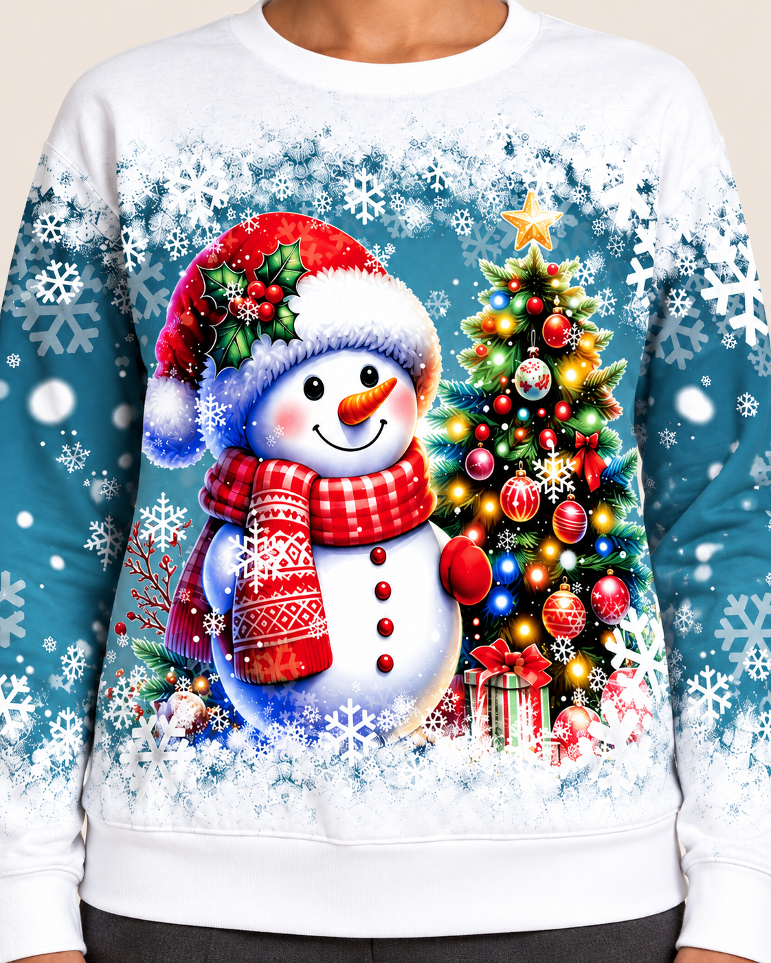 Women's Christmas Print Crew Neck Sweatshirt in Snowman With Tree
