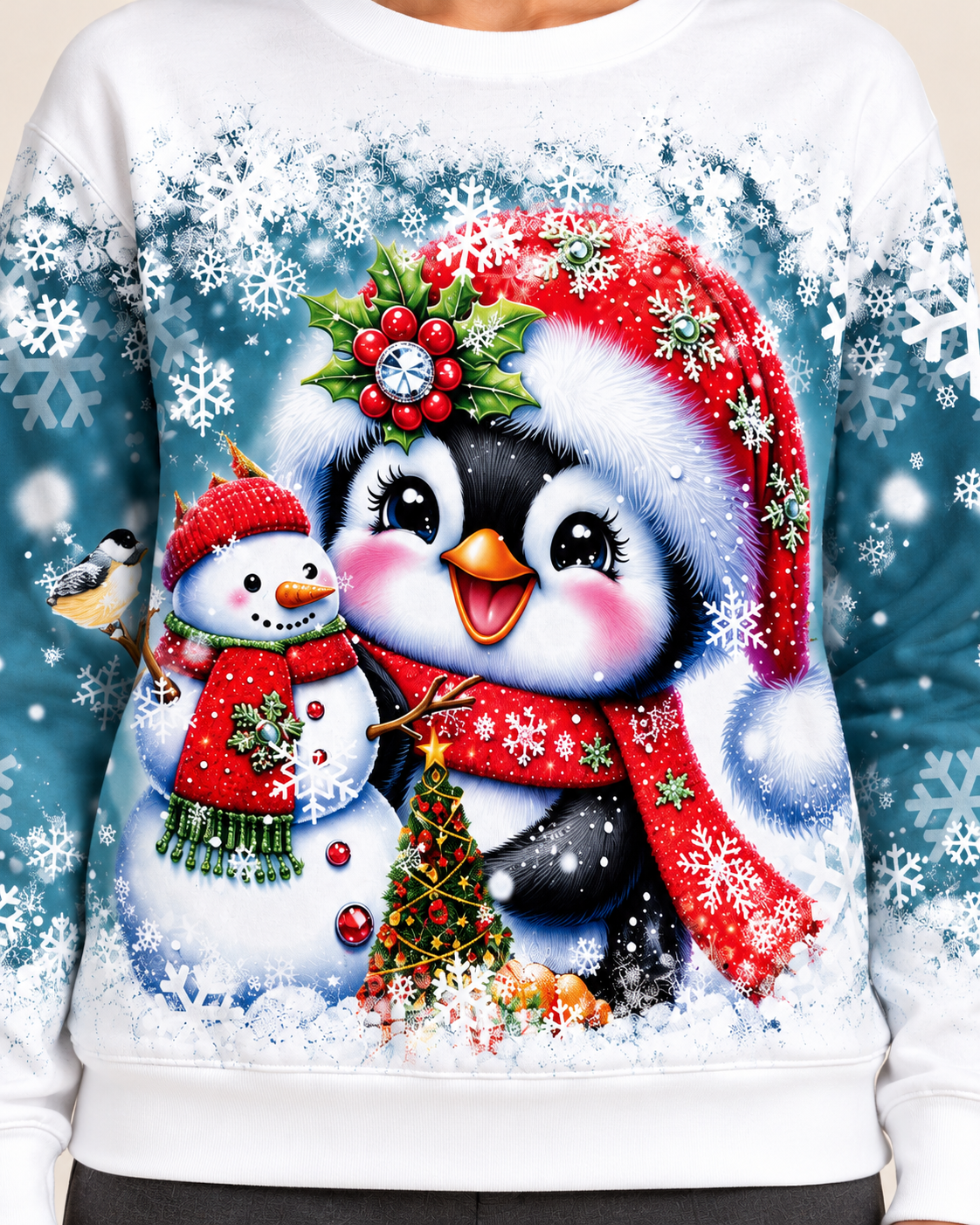 Women's Christmas Print Crew Neck Sweatshirt in Penguin